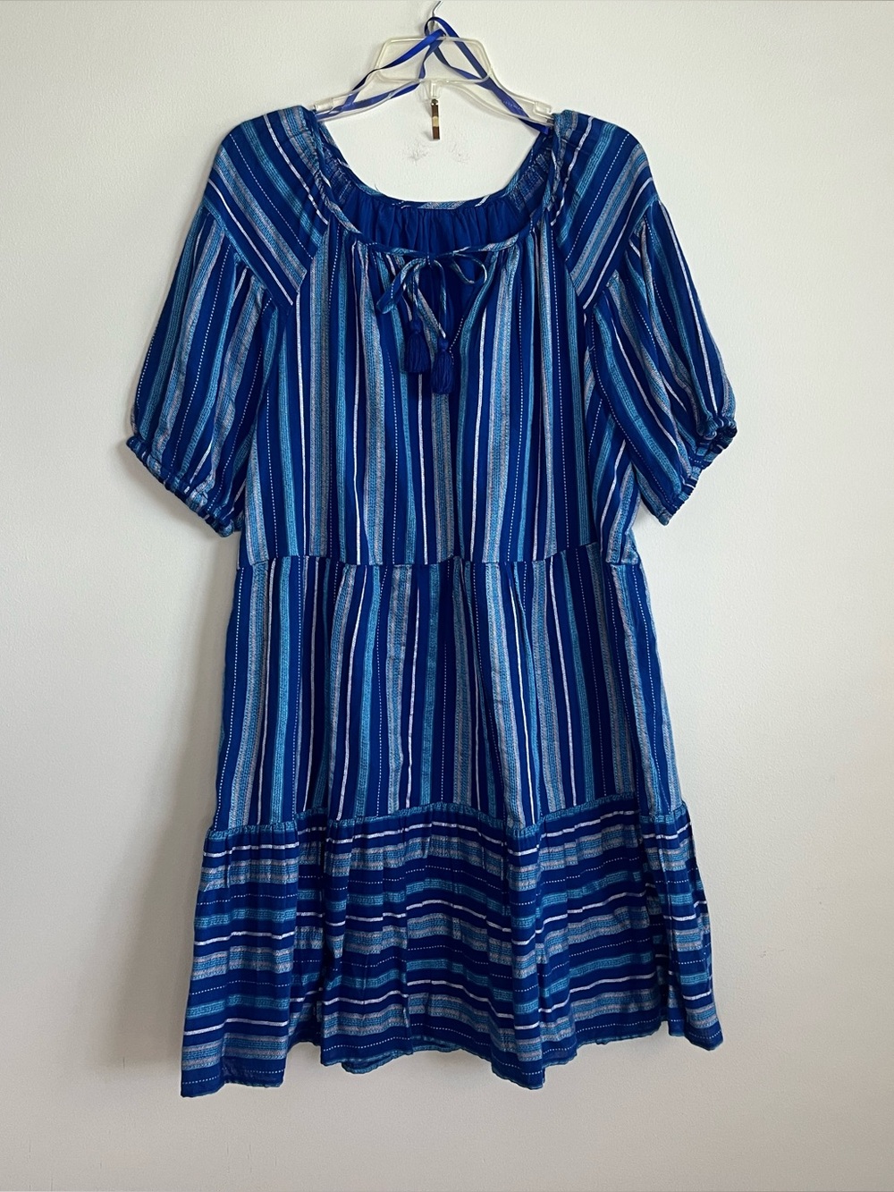 Blue Striped Peasant Dress with Tie Neck